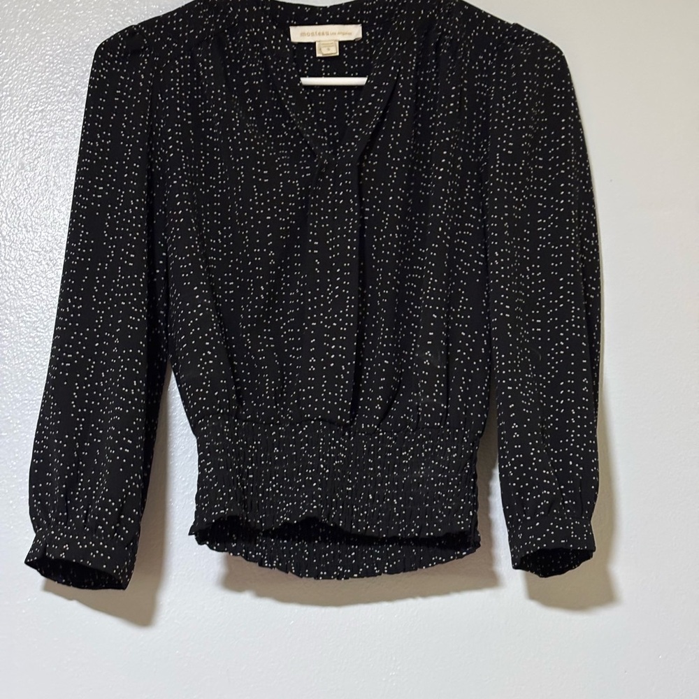 Madewell Black Blouse with White Dot Print and Smocked Hem